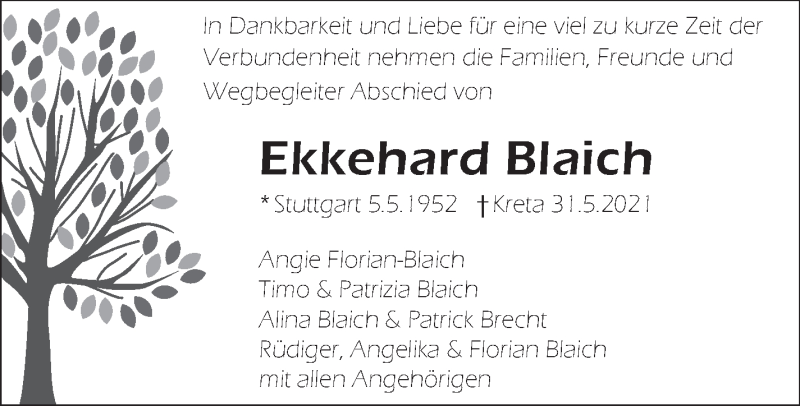  Traueranzeige für Ekkehard Blaich vom 12.06.2021 aus Stuttgarter Zeitung / Stuttgarter Nachrichten