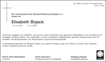 Traueranzeige von Elisabeth Bojack von Stuttgarter Zeitung / Stuttgarter Nachrichten