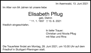 Traueranzeige von Elisabeth Pflug von Stuttgarter Zeitung / Stuttgarter Nachrichten