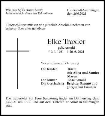 Traueranzeige von Elke Traxler von Stuttgarter Zeitung / Stuttgarter Nachrichten