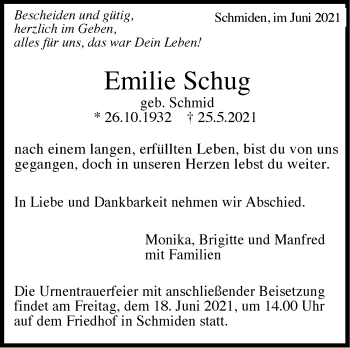 Traueranzeige von Emilie Schug von Stuttgarter Zeitung / Stuttgarter Nachrichten