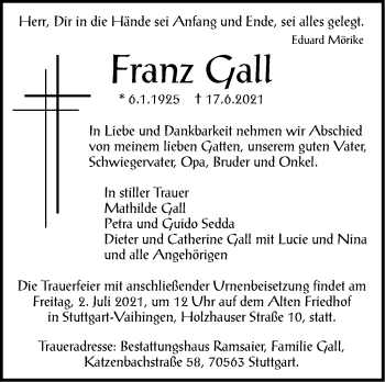 Traueranzeige von Franz Gall von Stuttgarter Zeitung / Stuttgarter Nachrichten