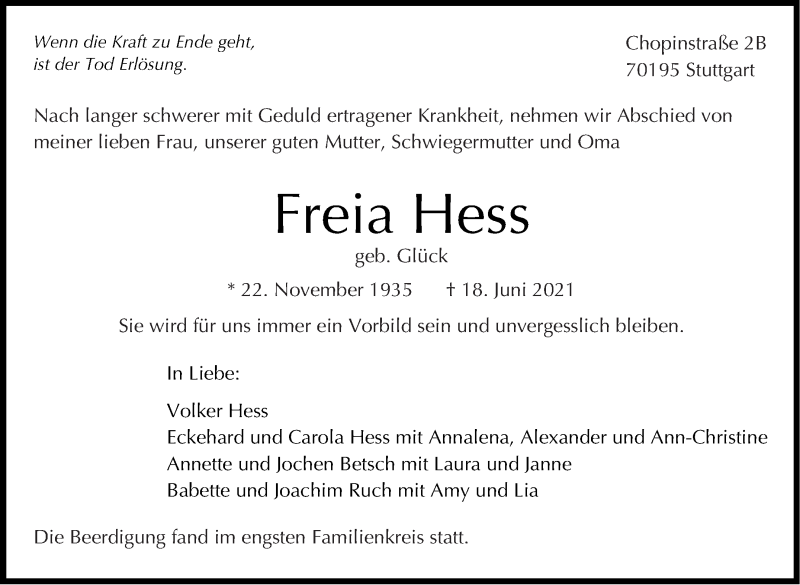  Traueranzeige für Freia Hess vom 01.07.2021 aus Stuttgarter Zeitung / Stuttgarter Nachrichten