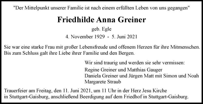  Traueranzeige für Friedhilde Anna Greiner vom 09.06.2021 aus Stuttgarter Zeitung / Stuttgarter Nachrichten