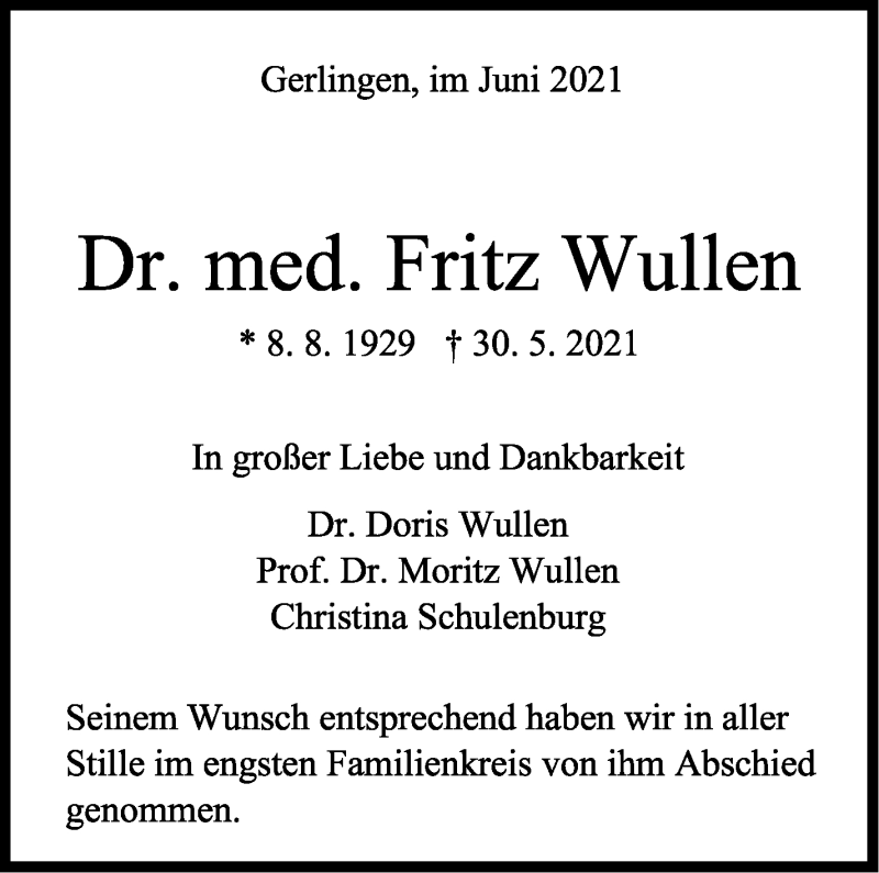  Traueranzeige für Fritz Wullen vom 12.06.2021 aus Stuttgarter Zeitung / Stuttgarter Nachrichten