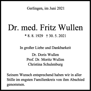 Traueranzeige von Fritz Wullen von Stuttgarter Zeitung / Stuttgarter Nachrichten