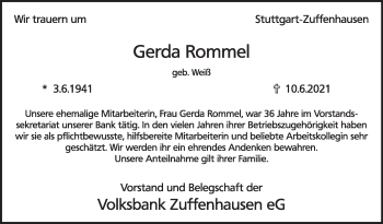 Traueranzeige von Gerda Rommel von Stuttgarter Zeitung / Stuttgarter Nachrichten