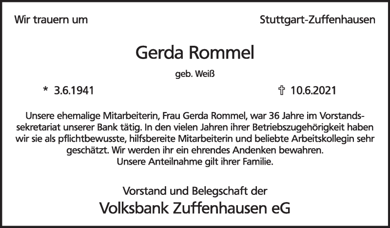  Traueranzeige für Gerda Rommel vom 14.06.2021 aus Stuttgarter Zeitung / Stuttgarter Nachrichten