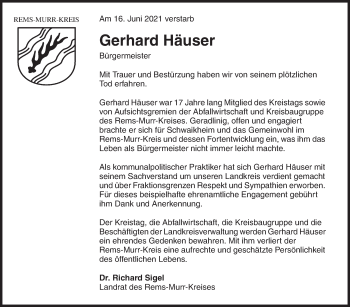 Traueranzeige von Gerhard Häuser von Stuttgarter Zeitung / Stuttgarter Nachrichten
