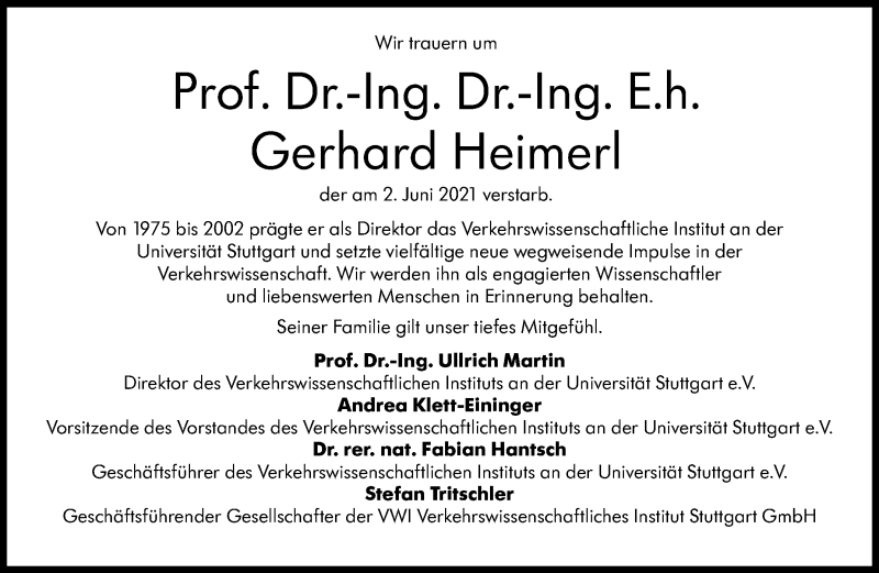  Traueranzeige für Gerhard Heimerl vom 12.06.2021 aus Stuttgarter Zeitung / Stuttgarter Nachrichten
