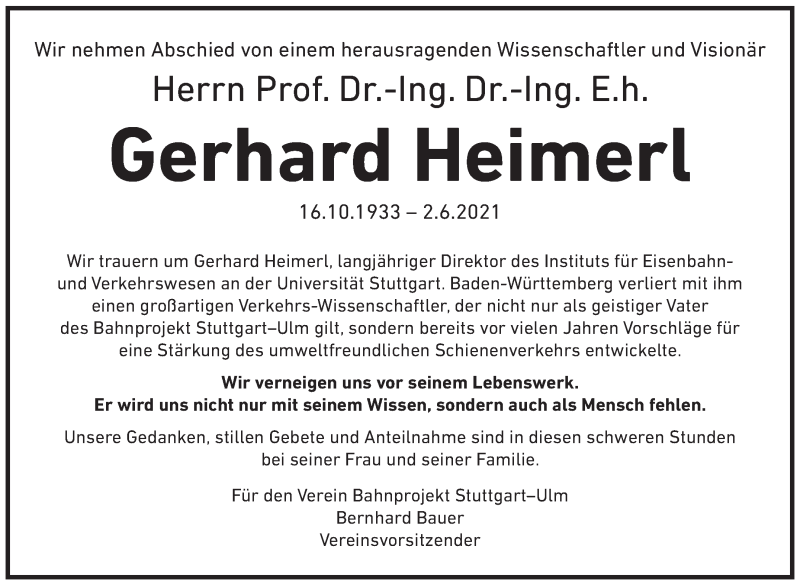  Traueranzeige für Gerhard Heimerl vom 12.06.2021 aus Stuttgarter Zeitung / Stuttgarter Nachrichten