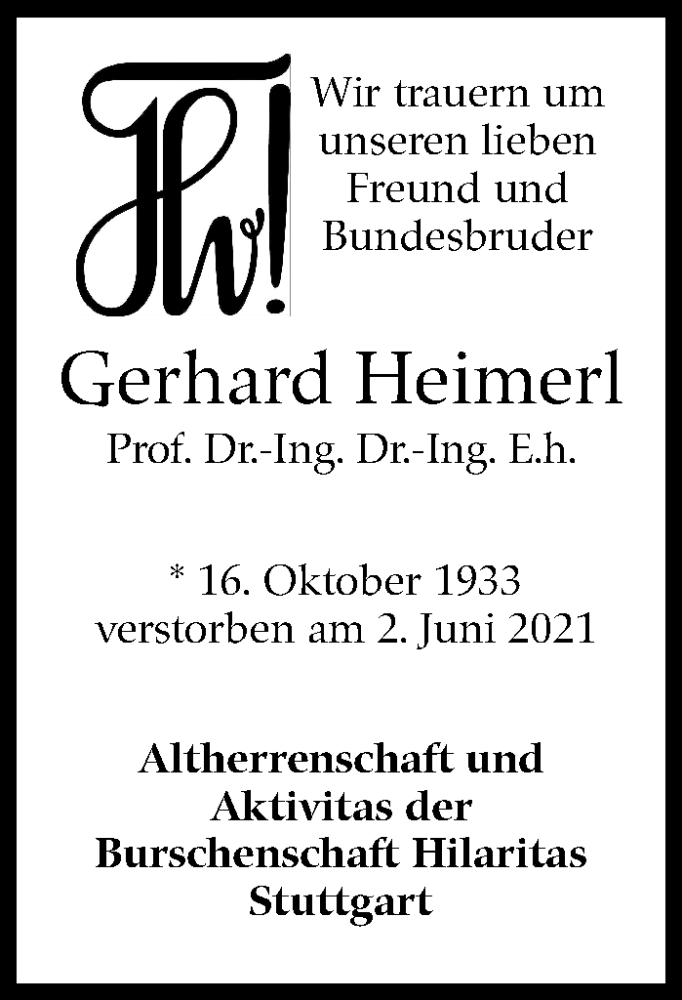  Traueranzeige für Gerhard Heimerl vom 12.06.2021 aus Stuttgarter Zeitung / Stuttgarter Nachrichten