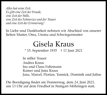 Traueranzeige von Gisela Kraus von Stuttgarter Zeitung / Stuttgarter Nachrichten
