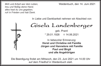 Traueranzeige von Gisela Landenberger von Stuttgarter Zeitung / Stuttgarter Nachrichten