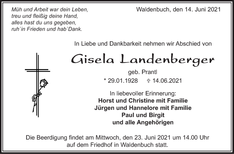  Traueranzeige für Gisela Landenberger vom 19.06.2021 aus Stuttgarter Zeitung / Stuttgarter Nachrichten