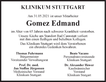 Traueranzeige von Gomez Edmand von Stuttgarter Zeitung / Stuttgarter Nachrichten