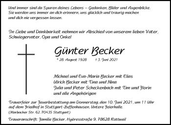 Traueranzeige von Günter Becker von Stuttgarter Zeitung / Stuttgarter Nachrichten