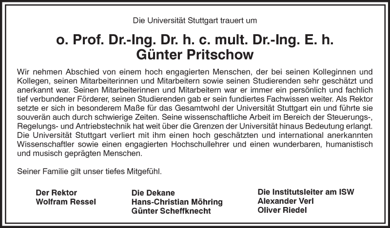  Traueranzeige für Günter Pritschow vom 19.06.2021 aus Stuttgarter Zeitung / Stuttgarter Nachrichten