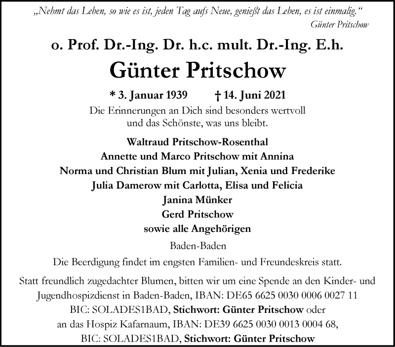  Traueranzeige für Günter Pritschow vom 19.06.2021 aus Stuttgarter Zeitung / Stuttgarter Nachrichten