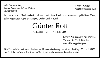 Traueranzeige von Günter Roff von Stuttgarter Zeitung / Stuttgarter Nachrichten