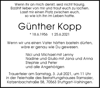 Traueranzeige von Günther Kopp von Stuttgarter Zeitung / Stuttgarter Nachrichten