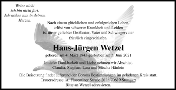 Traueranzeige von Hans-Jürgen Wetzel von Stuttgarter Zeitung / Stuttgarter Nachrichten