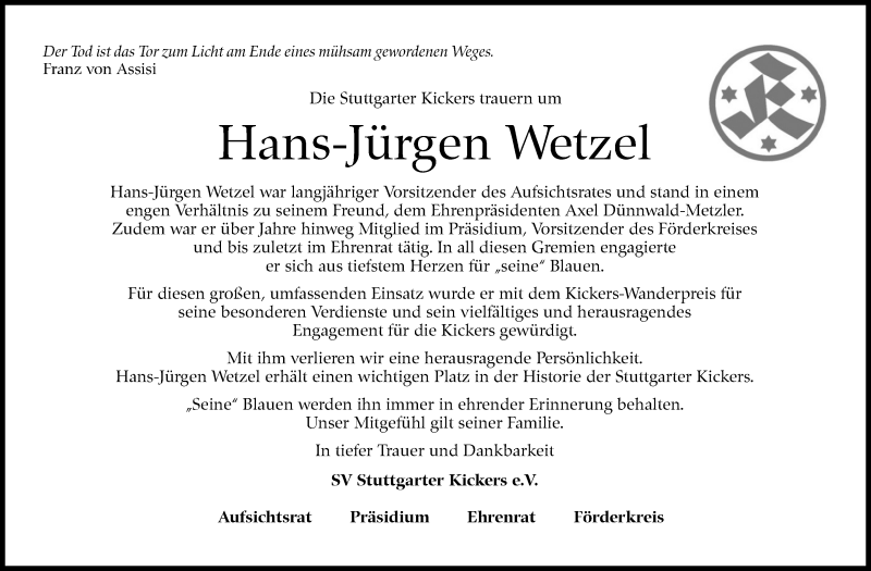  Traueranzeige für Hans-Jürgen Wetzel vom 26.06.2021 aus Stuttgarter Zeitung / Stuttgarter Nachrichten