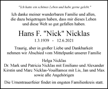 Traueranzeige von Hans  Nicklas von Stuttgarter Zeitung / Stuttgarter Nachrichten