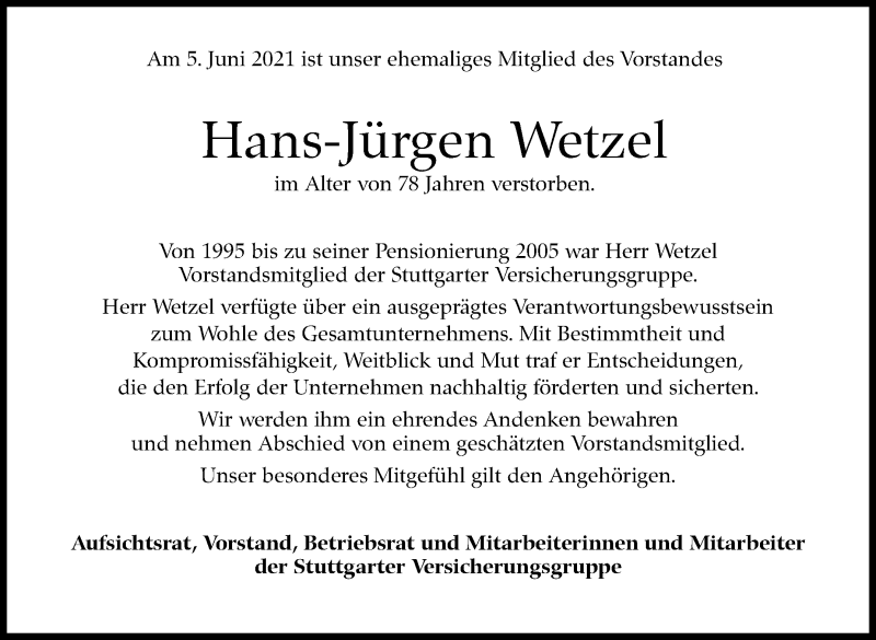  Traueranzeige für Hans Jürgen Wetzel vom 26.06.2021 aus Stuttgarter Zeitung / Stuttgarter Nachrichten