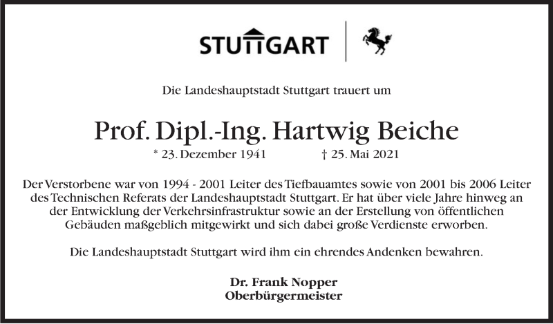  Traueranzeige für Hartwig Beiche vom 19.06.2021 aus Stuttgarter Zeitung / Stuttgarter Nachrichten