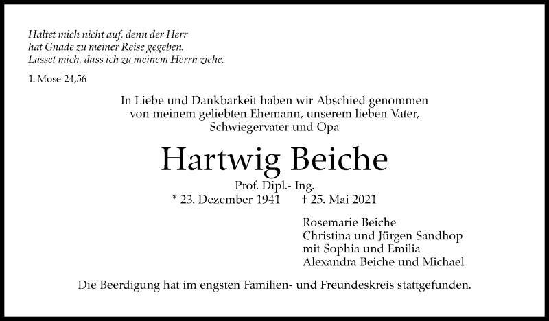  Traueranzeige für Hartwig Beiche vom 11.06.2021 aus Stuttgarter Zeitung / Stuttgarter Nachrichten