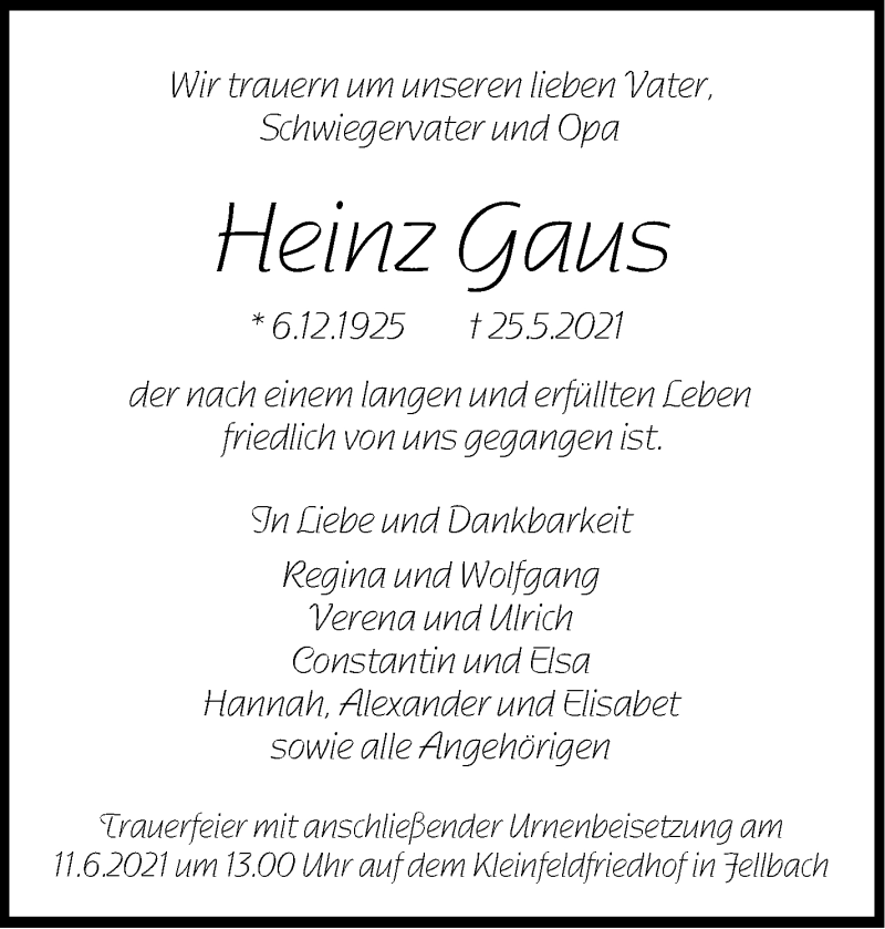  Traueranzeige für Heinz Gaus vom 05.06.2021 aus Stuttgarter Zeitung / Stuttgarter Nachrichten
