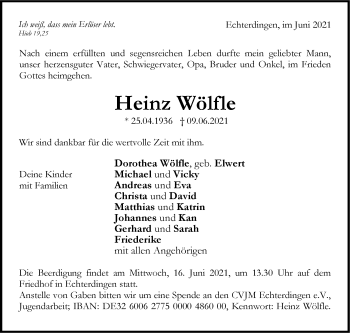 Traueranzeige von Heinz Wölfle von Stuttgarter Zeitung / Stuttgarter Nachrichten