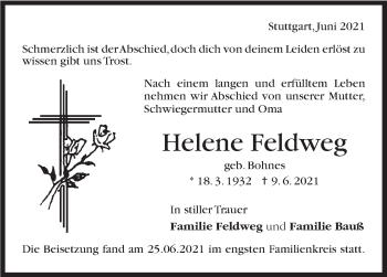 Traueranzeige von Helene Feldweg von Stuttgarter Zeitung / Stuttgarter Nachrichten