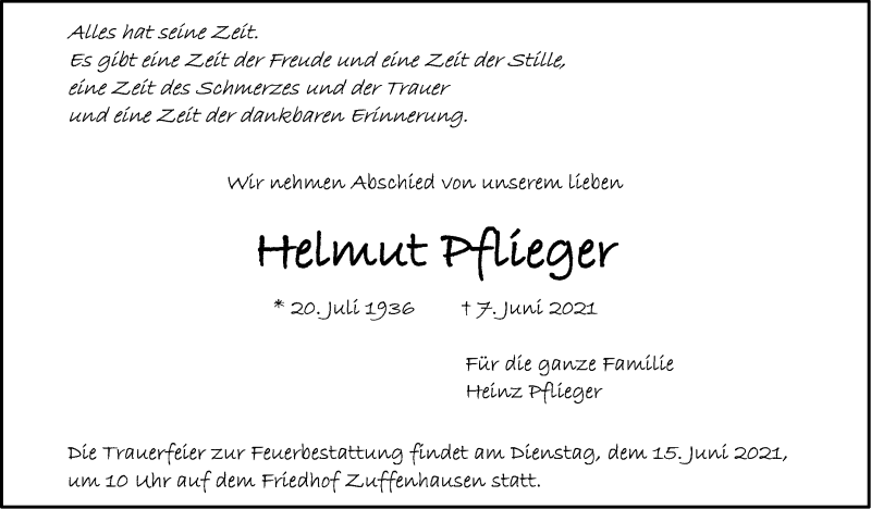 Traueranzeige für Helmut Pflieger vom 12.06.2021 aus Stuttgarter Zeitung / Stuttgarter Nachrichten