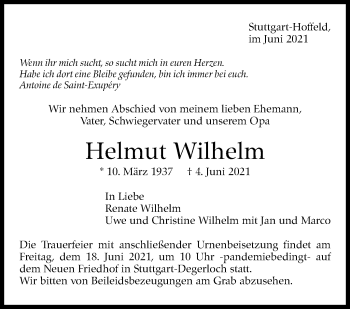 Traueranzeige von Helmut Wilhelm von Stuttgarter Zeitung / Stuttgarter Nachrichten