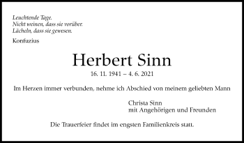Traueranzeige von Herbert Sinn von Stuttgarter Zeitung / Stuttgarter Nachrichten