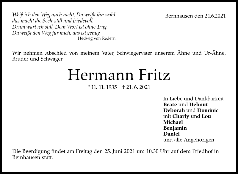  Traueranzeige für Hermann Fritz vom 23.06.2021 aus Stuttgarter Zeitung / Stuttgarter Nachrichten