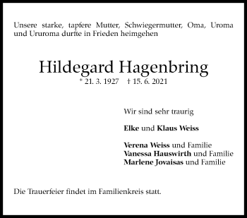 Traueranzeige von Hildegard Hagenbring von Stuttgarter Zeitung / Stuttgarter Nachrichten
