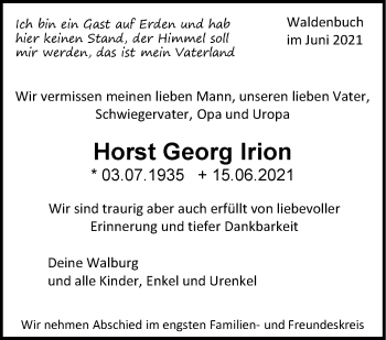 Traueranzeige von Horst Georg Irion von Stuttgarter Zeitung / Stuttgarter Nachrichten