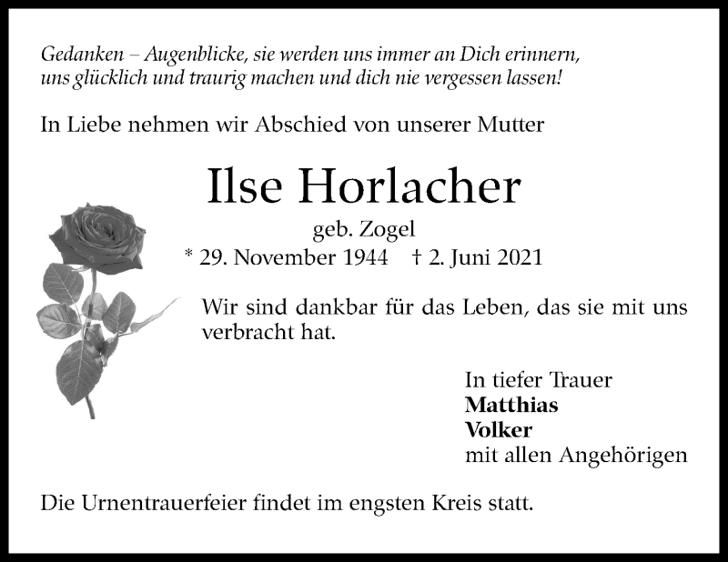  Traueranzeige für Ilse Horlacher vom 19.06.2021 aus Stuttgarter Zeitung / Stuttgarter Nachrichten
