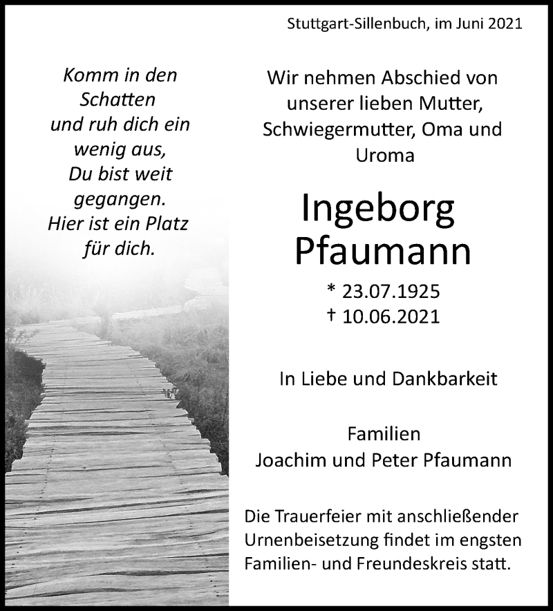  Traueranzeige für Ingeborg Pfaumann vom 16.06.2021 aus Stuttgarter Zeitung / Stuttgarter Nachrichten