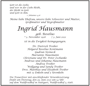 Traueranzeige von Ingrid Hausmann von Stuttgarter Zeitung / Stuttgarter Nachrichten