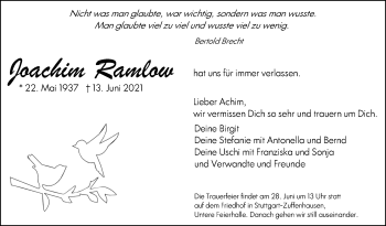 Traueranzeige von Joachim Ramlow von Stuttgarter Zeitung / Stuttgarter Nachrichten