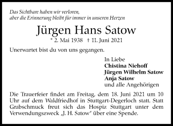 Traueranzeige von Jürgen Hans Satow von Stuttgarter Zeitung / Stuttgarter Nachrichten
