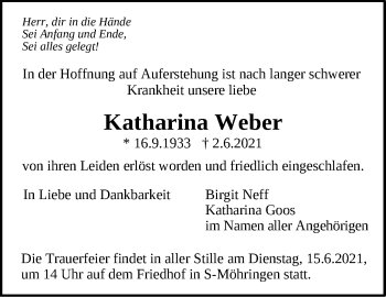 Traueranzeige von Katharina Weber von Stuttgarter Zeitung / Stuttgarter Nachrichten