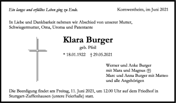 Traueranzeige von Klara Burger von Stuttgarter Zeitung / Stuttgarter Nachrichten