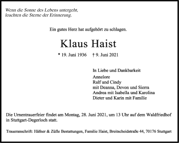 Traueranzeige von Klaus Haist von Stuttgarter Zeitung / Stuttgarter Nachrichten