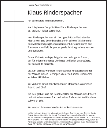 Traueranzeige von Klaus Rinderspacher von Stuttgarter Zeitung / Stuttgarter Nachrichten