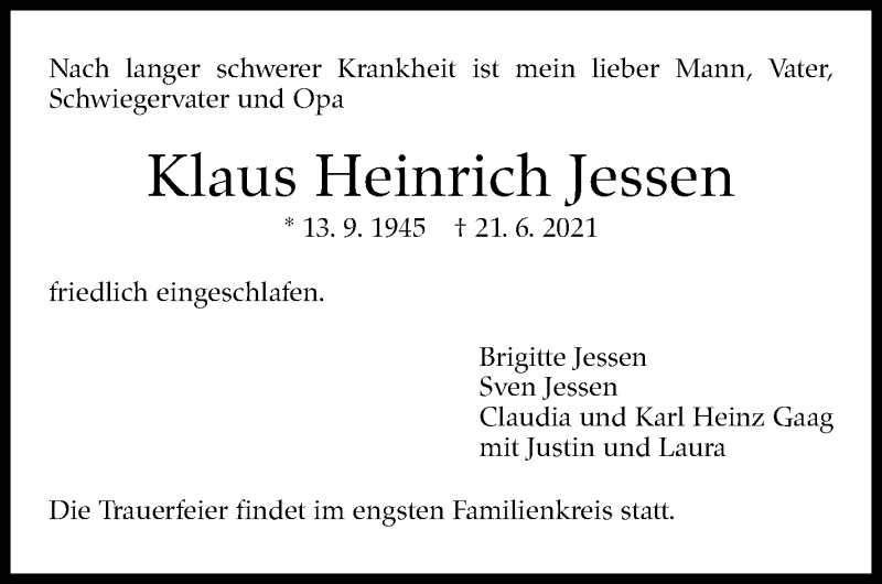  Traueranzeige für Klaus Heinrich Jessen vom 26.06.2021 aus Stuttgarter Zeitung / Stuttgarter Nachrichten